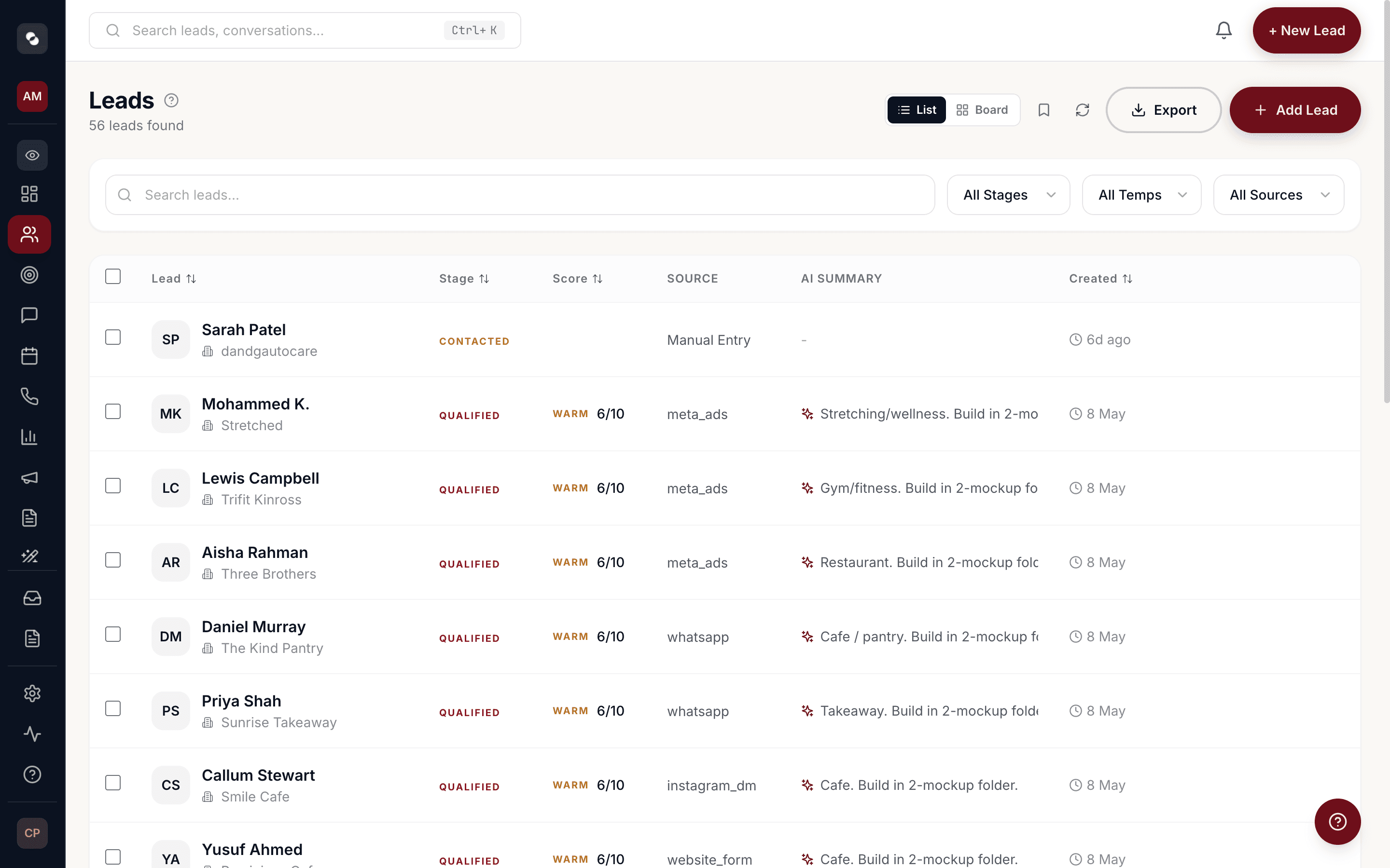 Impact leads pipeline with realistic contact names, channel sources including Meta Ads and WhatsApp, AI scores per lead.